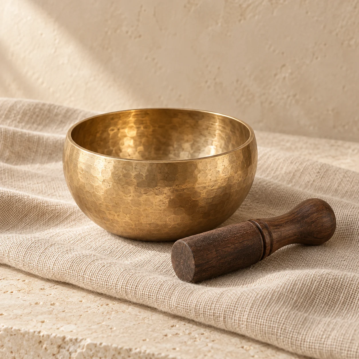 Illustrative golden singing bowl resting on linen