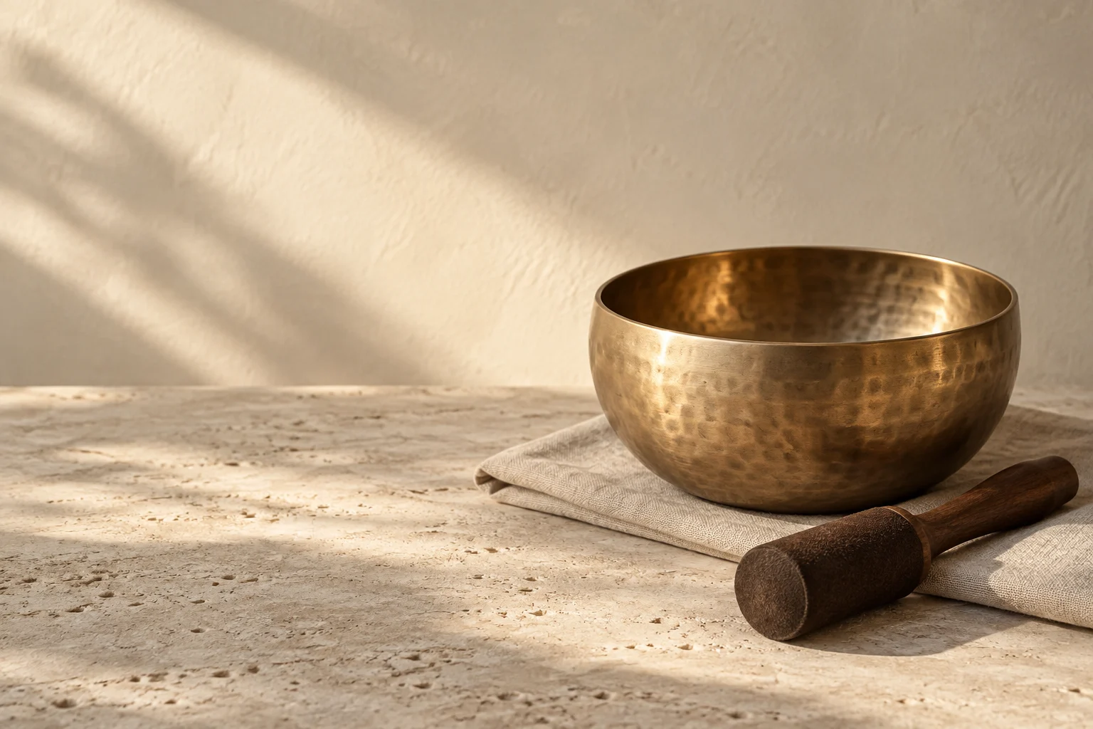 A bronze singing bowl and wooden striker in warm sunlight